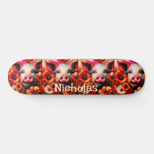 Impressionistische Varken Rode Poppy Bloemen Geper Skateboard
