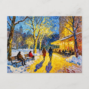 Impressionistische winterstadpark scene met restau briefkaart
