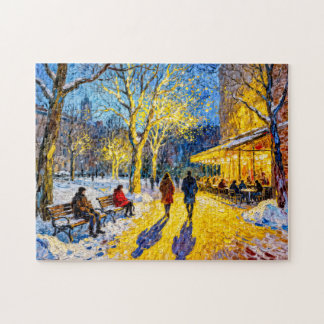 Impressionistische winterstadpark scene met restau legpuzzel