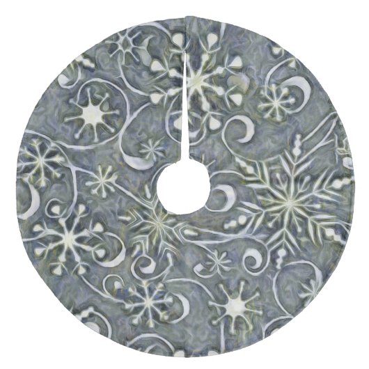 Impressionistische zilverwitte dansende sneeuwvlok fleece kerstboom rok (Voorkant)