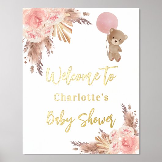 Impressions Dorure Baby shower en peluche ours pampas herbe rose rous (Recto)