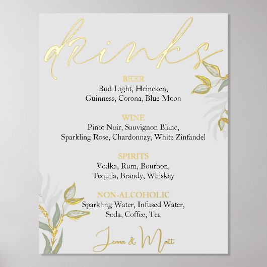 Impressions Dorure Bar à boissons mariage Signer Feuilles d'aquarelle (Recto)