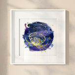 Impressions Dorure Cancer Crabe Signe de la date de naissance personn<br><div class="desc">Cancer personnalisé Crabe zodiaque date de naissance papier d'art mural à papier. Belle impression personnalisée sur le thème de l'astrologie avec une marine profonde et un ciel de nuit violet avec notre zodiaque dessiné à la main Crabe du cancer, constellation, et étoiles en véritable feuille d'or. Fait un grand cadeau...</div>