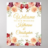 Impressions Dorure Élégant Mariage de automne Floral Bourgogne Welcom (Recto)