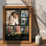 Impressions Dorure Famille 6 photo collage accueil nouveau bébé<br><div class="desc">Elégant design moderne accueil feuille d'or manuscrit script de calligraphie avec six photos de famille personnalisées solide noir gardien modèle poster. Personnalisez-le avec le nom et les statistiques du nouveau-né. Veuillez noter que la couleur arrière - plan est changeable. Vous pouvez remplacer le noir par n'importe quelle autre couleur après...</div>