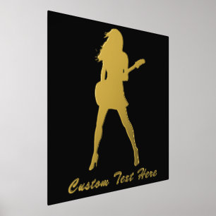 Impressions Dorure Joueuse de Guitare Dame Affiche Feuille d'Or Noir