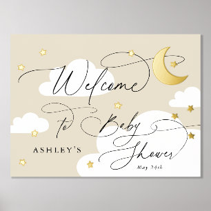 Impressions Dorure Lune et étoiles Nuages Beige Baby shower d'accueil