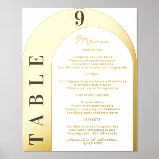 Impressions Dorure Menu Mariage de luxe et numéro de table Gold Silve (Recto)