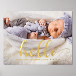 Impressions Dorure Script lettres "Bonjour" photo bébé<br><div class="desc">Bienvenue dans votre nouveau paquet de joie en style avec nos impressions de papier à lettres Hello Baby Photo Foil, disponibles exclusivement sur Zazzle! Cette affiche magnifique et personnalisable présente des lettres de script élégantes qui épelle "Hello Baby" dans un effet de feuille d'or frappant, en faisant l'ajout parfait à...</div>