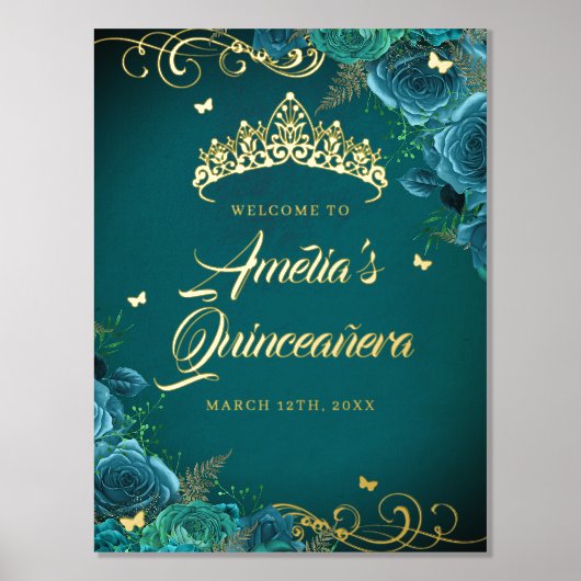 Impressions Dorure Turquoise Swirl Quinceanera Affiche de bienvenue o (Recto)