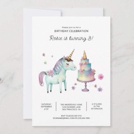 Imprimable Unicorn Invitations de fête d'anniversa (Devant)