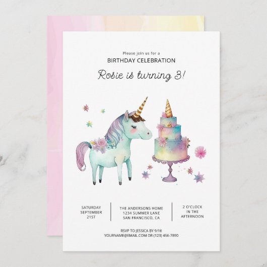 Imprimable Unicorn Invitations de fête d'anniversa (Devant / Derrière)