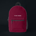 Imprimé Burgundy blanc Nom personnalisé sac à dos<br><div class="desc">Personnalisez facilement ce sac à dos simple et cool en ajoutant votre nom ou votre texte personnalisé. Un design cool et moderne en marsala rouge et blanc de cerisier bordeaux foncé avec une police sans serif claire, pour un look moderne, professionnel et pointu, parfait comme cadeau personnalisé pour les étudiants...</div>