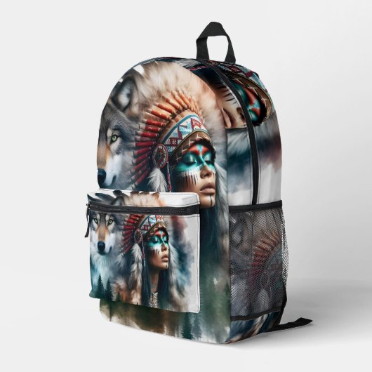 Imprimé Coiffe Tribale et Sac à Dos Loup (Coin arrière droit)