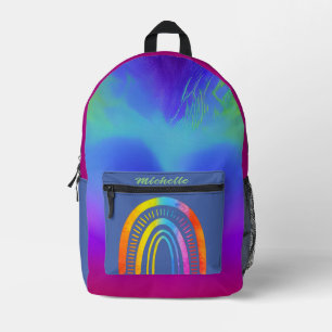 Imprimé Multicolor arc-en-ciel mignon, sac à dos de nom pe