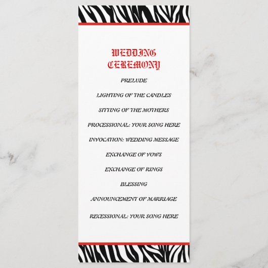 Imprimé noir blanc zèbre, programme de mariage de  (Dos)