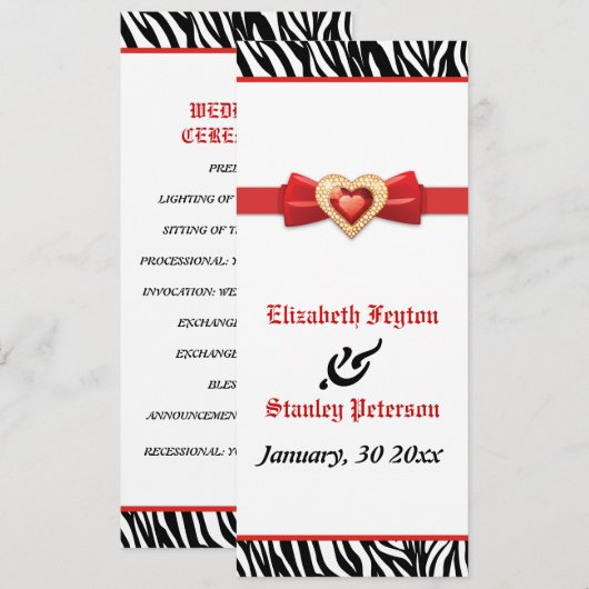 Imprimé noir blanc zèbre, programme de mariage de  (Devant / Derrière)