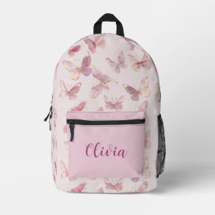 Imprimé Papillon rose mignon Sac à dos de nom personnalisé