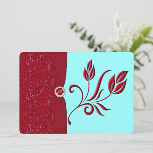 IMPRIMÉ RIBBON Ruby Red & Aqua Wedding Invitation  (Debout devant)