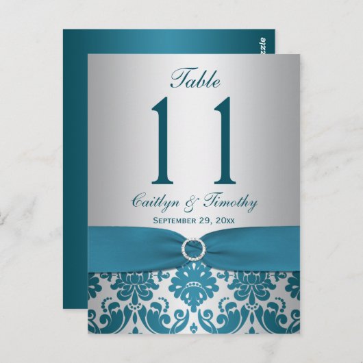 IMPRIMÉ RIBBON Turquoise Damask Numéro de table Ca (Devant / Derrière)