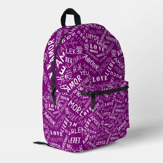 Imprimé Sac à dos violet avec texte d'amour multilingue (Coin arrière gauche)