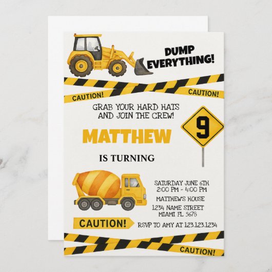 Imprimer Invitations d'anniversaire de constructio (Devant / Derrière)