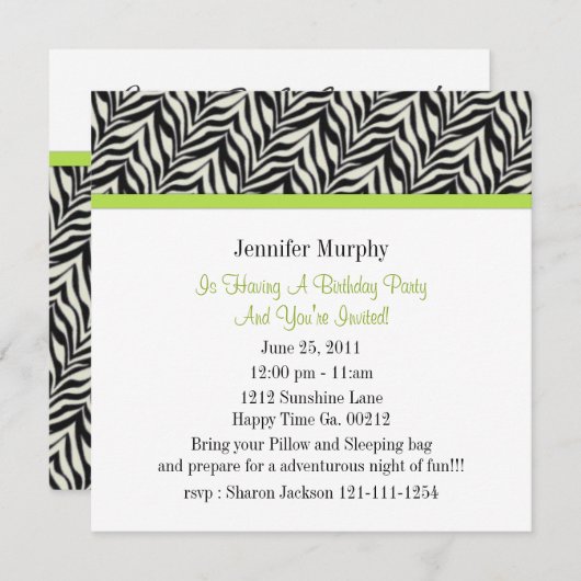 Imprimer Invitations de fête d'anniversaire Zebra (Devant / Derrière)
