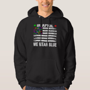 In April We Wear Blue American Flag Awarene Hoodie