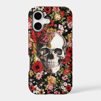 In bloei, retro floraal patroon met schedel