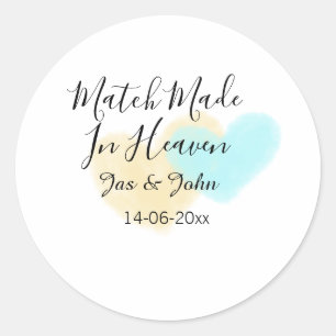 In de hemel gemaakt blauw geel pastelkleurig hart ronde sticker