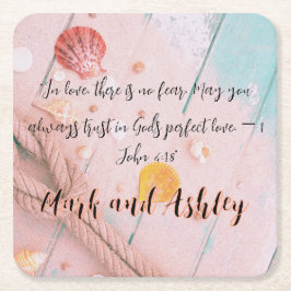 "In de liefde is er geen angst. Moge je altijd ver Vierkante Kartonnen Onderzetter