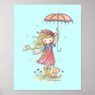 In de Regen Little Girl en Kitten Nursery Art Poster