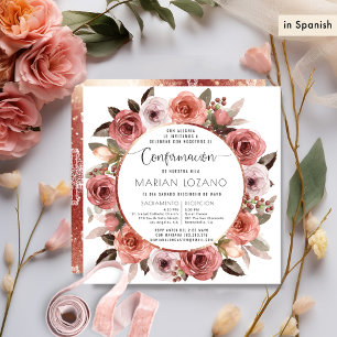 In het Spaans, Confirmatie, Roze Gouden Bloemmotie Kaart
