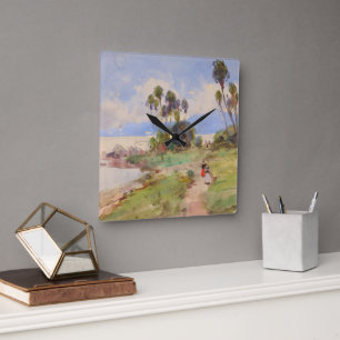 In Jamaica Fine Art Waterverf Tropical Landscape Vierkante Klok