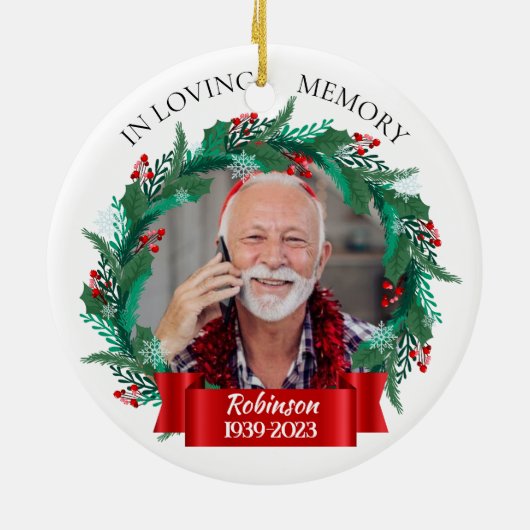 In Liefdevolle Geheugen Kerstkrans Opa Foto Keramisch Ornament (Achterkant)