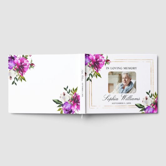 In liefdevolle herinnering Paarse bloemen en groen Gastenboek (Volledig)