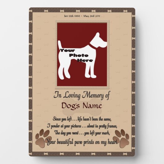 In liefhebbend geheugen van uw hond (bruin en wit) fotoplaat (voorkant)