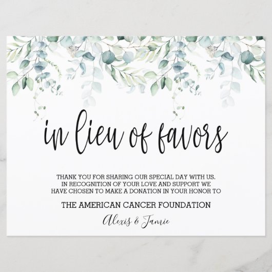 In Lieu Favors Sign - Eucalyptus Wedding (Voorkant)