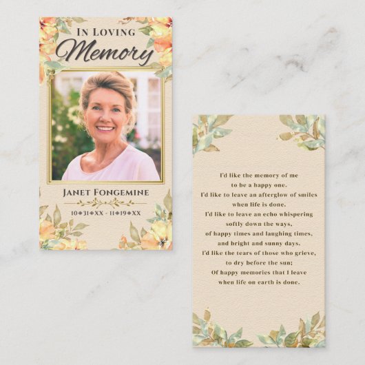 In Loing Memory Floral Photo Funeral Prayer Kaart Visitekaartje (Voorkant / Achterkant)