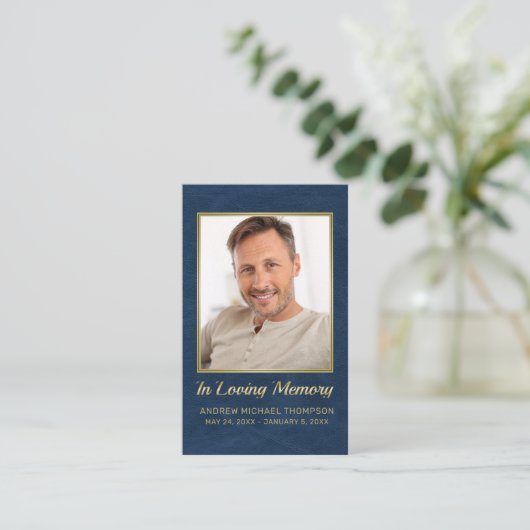 In Loving Memory Blauw Goud Foto Begrafenis Kaart Visitekaartje (Staand voorkant)