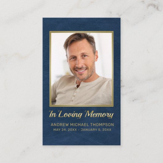In Loving Memory Blauw Goud Foto Begrafenis Kaart Visitekaartje (Voorkant)