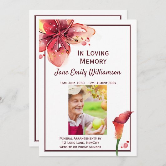 In Loving Memory Calla Lily Funeral Aankondiging (Voorkant / Achterkant)