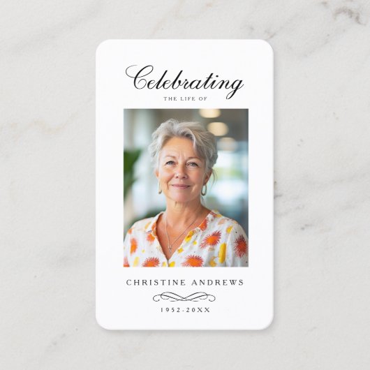 "In loving Memory" Elegant White Photo Prayer Visitekaartje (Voorkant)