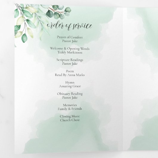 In Loving Memory Eucalyptus groen diensten Drieluik Programma (Binnenzijde eerst)