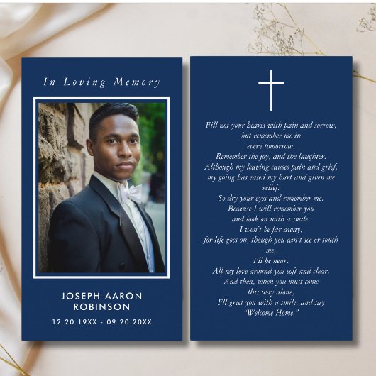 In Loving Memory Foto Begrafenis Blauw Gebed Kaart Visitekaartje