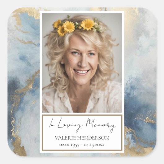 In Loving Memory Foto Gouden Blauwe Sticker (Voorkant)