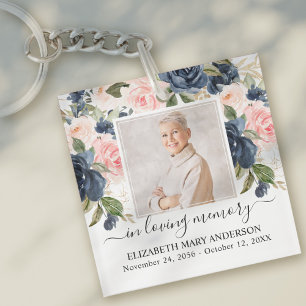 In Loving Memory Foto Navy Pink Floral Memorial Sleutelhanger