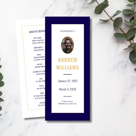 In Loving Memory Funeral Fotoprogramma Navy Gold Kaart