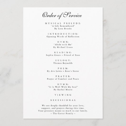 In Loving Memory Funeral Program Keepsake Card Programma (Achterkant)