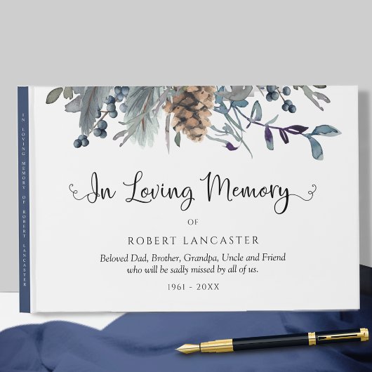 In Loving Memory Navy Blue rustieke bloemen begraf Gastenboek